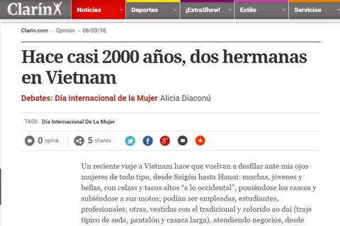 Prensa argentina destaca las heroínas hermanas vietnamitas Trung