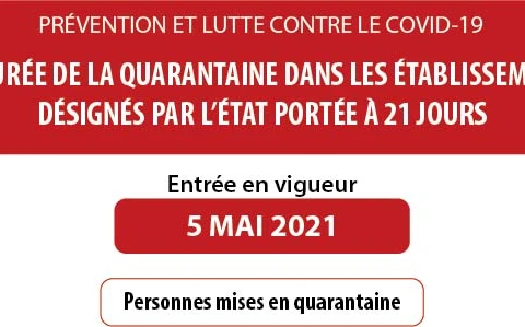 La durée de la quarantaine dans les établissements désignés par l’État portée à 21 jours 