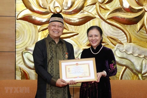 Remise de l’Insigne pour la paix et l'amitié à l'ambassadeur d'Indonésie 