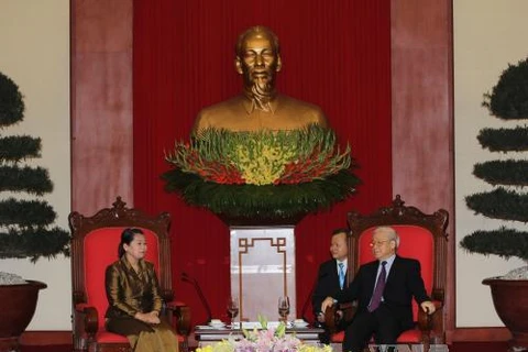 Le secrétaire général du PCV Nguyen Phu Trong reçoit la vice-Première ministre cambodgienne Men Sam An. Photo: VNA 