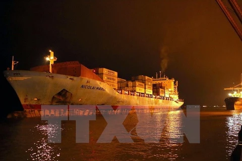 Le navire danois Nicolai Maersk, exploité par l’opérateur mondial de porte-conteneurs Maersk Line, a jeté l'ancre le 11 avril au port auxiliaire de Tan Vu du port de Hai Phong, dans la ville éponyme (Nord). Photo : VNA