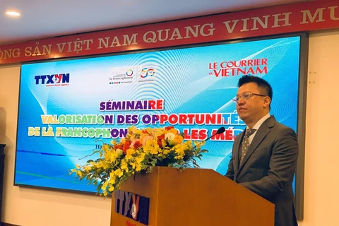 Заместитель генерального директора ВИА Ле Куок Минь произносит приветственную речь на семинаре. (Фото: Ха Ми/ Vietnam+)