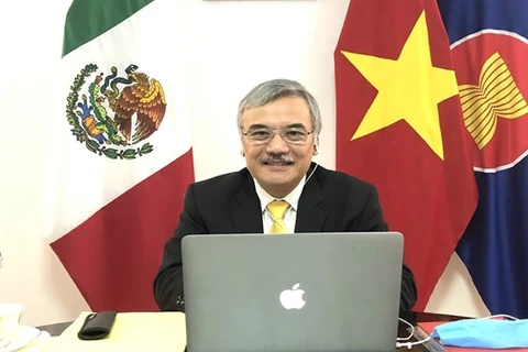 Посол Вьетнама в Мексике Нгуен Хоаи Зыонг принимает участие в онлайн-семинаре. (Фото: ВИА)