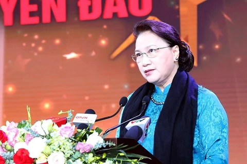 Председатель Национального собрания Нгуен Тхи Ким Нган выступает на церемонии. (Фото: ВИА)