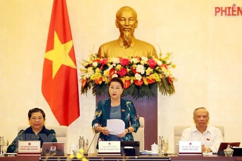 Председатель НС Нгуен Тхи Ким Нган (в центре) выступает на заседании (Фото: ВИА)