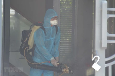 Медицинский работник распыляет дезинфицирующее средство в жилом районе города Дананг (Фото: ВИА)