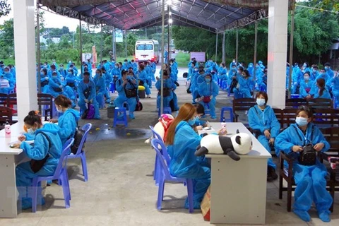Вьетнамские граждане, вернувшиеся из-за границы, заполняют медицинскую декларацию (Фото: ВИА)