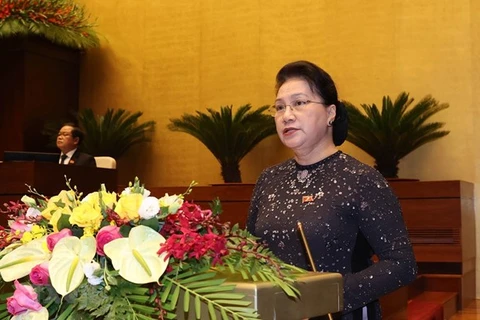 Выступает Председатель НС Нгуен Тхи Ким Нган (Фото: ВИА)