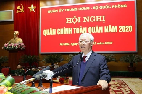 Генеральный секретарь ЦК КПВ, президент Нгуен Фу Чонг выступает на конференции. (Фото: ВИА)
