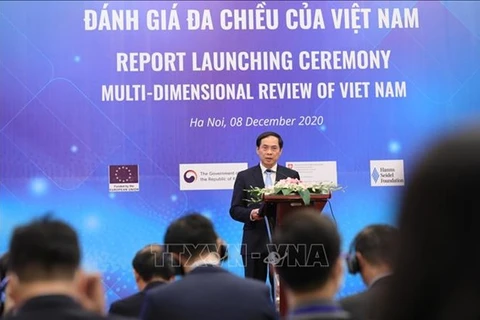 Заместитель министра иностранных дел Буй Тхань Сон выступает с речью на церемонии открытия отчета о многомерном обзоре Вьетнама в Ханое 9 декабря (Фото: ВИА)