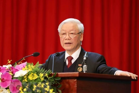 Генеральный секретарь ЦК КПВ и государственный президент Нгуен Фу Чонг выступает на съезде (Фото: ВИА)