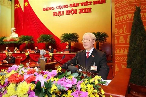 Генеральный секретарь ЦК КПВ, президент СРВ Нгуен Фу Чонг выступает с заключительным словом на XIII всевьетнамском съезде КПВ 1 февраля (Фото: ВИА)