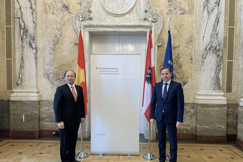 Посол Вьетнама в Австрии Ле Зунг (слева) и заместитель министра по цифровым технологиям и экономике Австрии Михаэль Эстерл (Фото: ВИА)