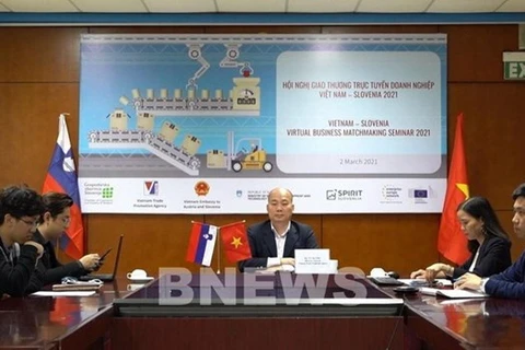 Ву Ба Фу (в центре), глава Агентства по содействию торговле при Министерстве промышленности и торговли, возглавляет онлайн-бизнес-обмен между Вьетнамом и Словенией (Фото: ВИА)