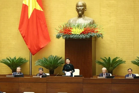 Выступает Председатель НС Нгуен Тхи Ким Нган (Фото: ВИА)
