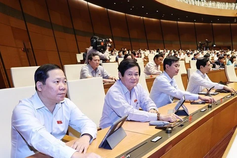Законодатели принимают постановление об освобождении от должностей заместителя премьер-министра Чинь Динь Зунга, а также 12 министров и других членов правительства 7 апреля (Фото: ВИА).