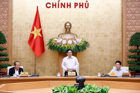 Премьер-министр Фам Минь Тьинь (в центре) выступает на заседании правительства 15 апреля (Фото: ВИА)