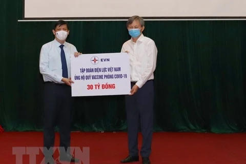 Министр здравоохранения Нгуен Тхань Лонг (слева) получает пожертвование от компании Vietnam Electricity (Фото: ВИА)