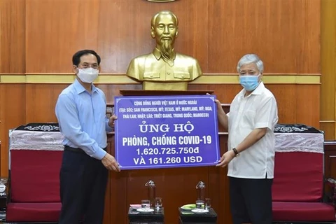 Министр иностранных дел Буй Тхань Шон (слева) передает средства поддержки Центральному комитету ОФВ. (Фото: ВИА)