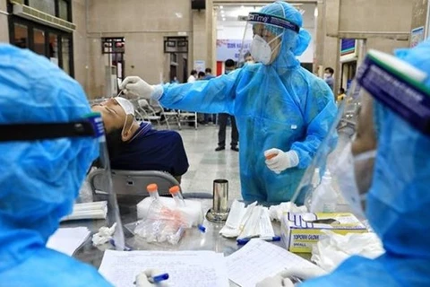 Медицинские работники медицинского центра района Донгда в Ханое собирают образцы для тестирования на COVID-19. (Фото: ВИА)