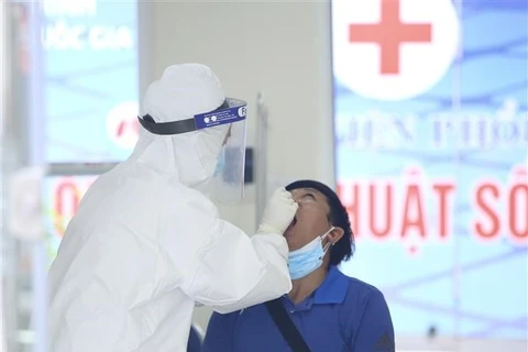 Взять пробы для тестирования на COVID-19 у всего персонала Ханойской пульмонологической больницы. (Фото: Хоанг Хиеу/ВИА)