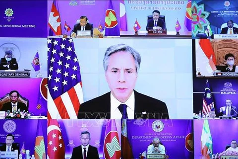 Госсекретарь США Энтони Блинкен выступает на встрече министров иностранных дел США и АСЕАН в онлайн-формате. (Фото: ВИА)
