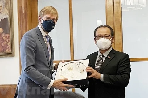 Посол Тхай Суан Зунг вручает сувенир министру здравоохранения Чехии Адаму Войтеху. (Фото: ВИА)