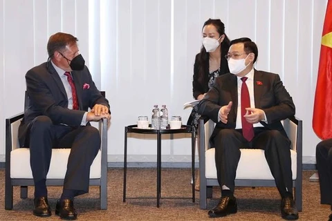 Председатель Национального собрания Выонг Динь Хюэ и г-н Питер Лавой, старший директор Азиатско-Тихоокеанского региона корпорации ExxonMobil на встрече. (Фото: ВИА)