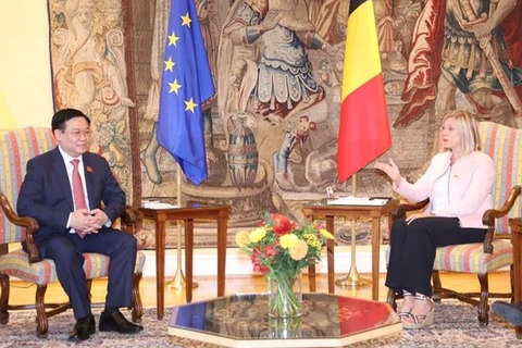 Председатель Национального собрания Выонг Динь Хюэ проводит переговоры со спикером палаты представителей Бельгии Элиан Тилье. (Фото: Зоан Тан / ВИА)