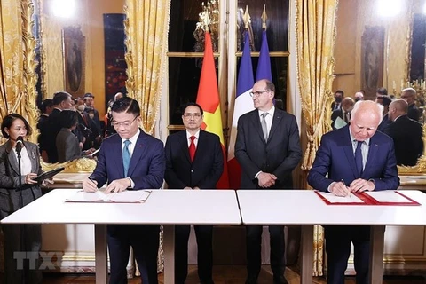 Премьер-министр Фам Минь Тьинь (позади слева) и его французский коллега Жан Кастекс присутствуют на церемонии подписания документов о сотрудничестве между двумя странами. (Фото: ВИА)