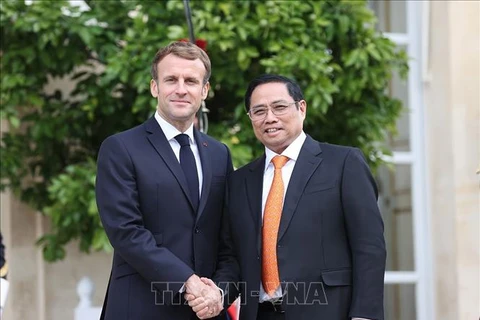 Президент Франции Эммануэль Макрон и премьер-министр Фам Минь Тьинь. (Фото: Зыонг Жанг/ВИА)