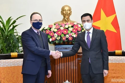 Заместитель министра иностранных дел Данг Хоанг Жанг (справа) встречается с послом России во Вьетнаме Геннадием Бездетко (Фото: baoquocte.vn)