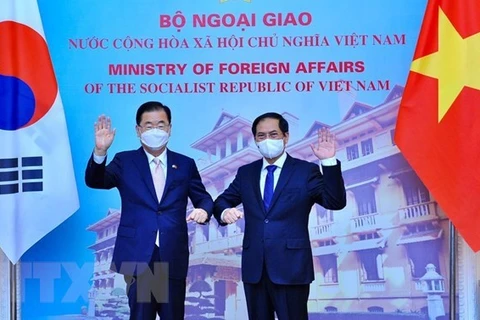 Министр иностранных дел Буй Тхань Шон (справа) и его коллега из РК Чунг Ый-ён. (Фото: ВИА)