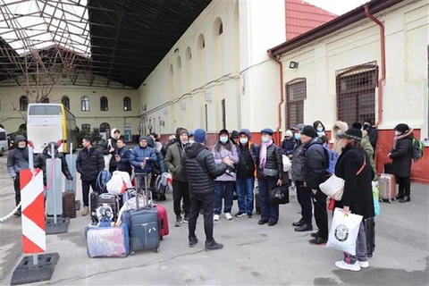 Вьетнамцы из Украины собираются в пункте сбора в ожидании самолета во Вьетнам. (Фото: Мань Хунг/ВИА)