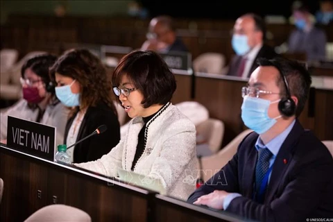 Посол Ле Тхи Хонг Ван, глава Постоянного представительства Вьетнама при ЮНЕСКО, выступает на заседании. (Фото: Опубликовано ВИА)