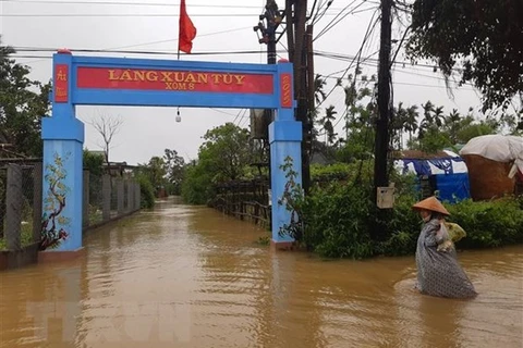 Дорога в районе Куангзиен, провинция Тхыатхьен-Хюэ, затоплена в начале апреля. (Фото: ВИА)