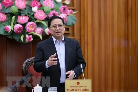 Премьер-министр Фам Минь Тьинь выступает на совещании 3 апреля. (Фото: ВИА) 