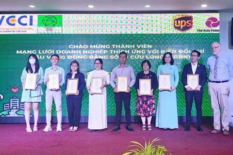 Члены недавно созданной сети предприятий, адаптирующихся к изменению климата в дельте Меконга представлены на церемонии 6 мая. (Фото: ВИА) 