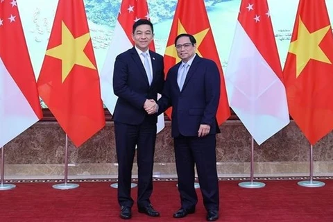 Премьер-министр Фам Минь Тьинь (справа) встречается со спикером парламента Сингапура Тан Чуан-Джином в Ханое 20 мая (Фото: ВИА)