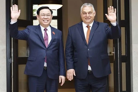 Председатель НС Выонг Динь Хюэ и премьер-министр Венгрии Виктор Орбан на совместном фотографировании. (Фото: ВИА)