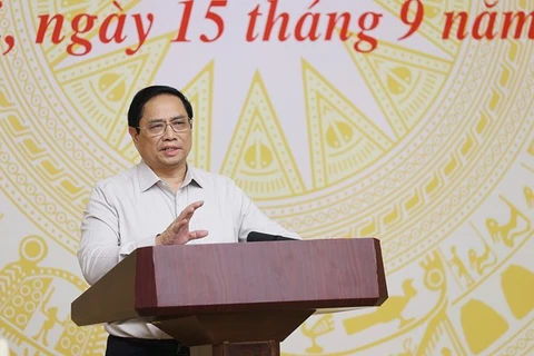 Премьер-министр Фам Минь Тьинь выступает на национальной телеконференции 15 сентября. (Фото: ВИА) 