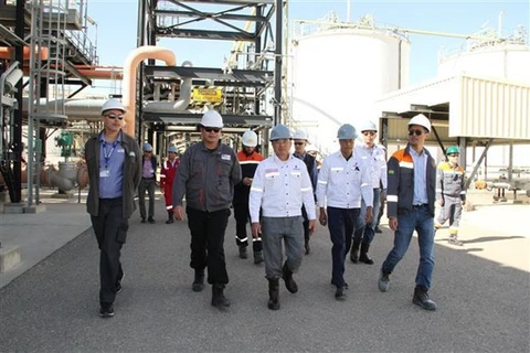 Делегация во главе с председателем Совета членов Хоанг Куок Выонгом посещает завод на месторождении Бир Себа (Фото: ВИА)