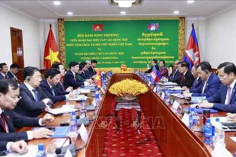 Председатель Национального собрания Выонг Динь Хюэ проводит переговоры с председателем Национального собрания Камбоджи Самдеком Хенгом Самрином. (Фото: ВИА)
