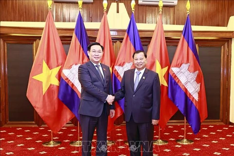 Председатель Национального собрания Вуонг Динь Хюэ и председатель Сената Камбоджи Самдек Сай Чхум позируют для совместной фотографии. (Фото: ВИА)