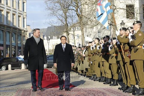 Премьер-министр Фам Минь Тьинь и премьер-министр Люксембурга Ксавье Беттель обходят строй почетного караула. (Фото: ВИА)
