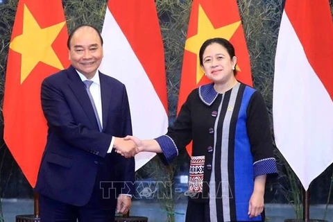 Президент Вьетнама Нгуен Суан Фук встретился с председателем Совета народных представителей Индонезии Пуан Махарани. (Фото: ВИА)