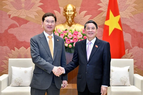 Заместитель председателя НС Нгуен Дык Хай (справа) и депутат Ким Хак Ён, бывший председатель парламентской группы дружбы Корея-Вьетнам. (Фото: quochoi.vn)