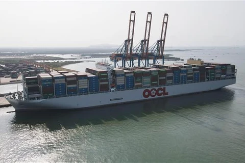 Суперконтейнеровоз M/V OOCL SPAIN входит в порт Гемалинк (кластер портов Каймеп - Тхивай, город Фуми, провинция Бариа-Вунгтау). (Фото: ВИА)