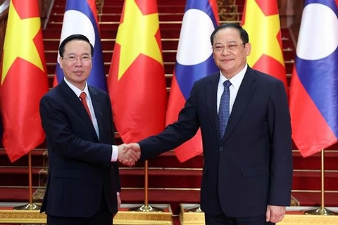 Президент Во Ван Тхыонг (слева) на встрече с премьер-министром Лаоса Сонексаем Сипандоне. (Фото: ВИА)