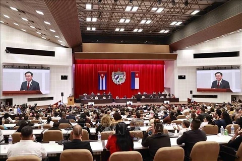 Председатель Национального собрания Выонг Динь Хюэ выступает на специальном пленуме X Национальной ассамблеи Кубы, посвященной 62-й годовщине Хиронской победы. (Фото: Зоан Тан/ВИА)